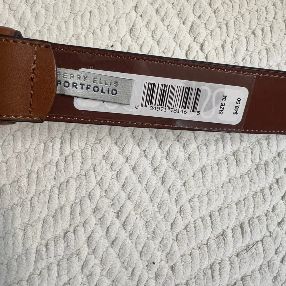 Perry Ellis Brown Leather Belt with Silver Buckle, 34 - Picture 3 of 4